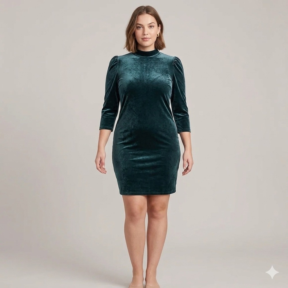 NWT Gap Women's XXL Green Puff Sleeve Mockneck Velvet Mini Dress Long Sleeve